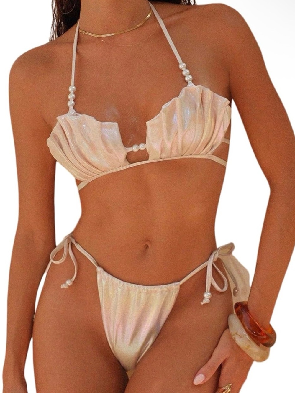 Pearlescent Shell-Style Bikini Set - Cream